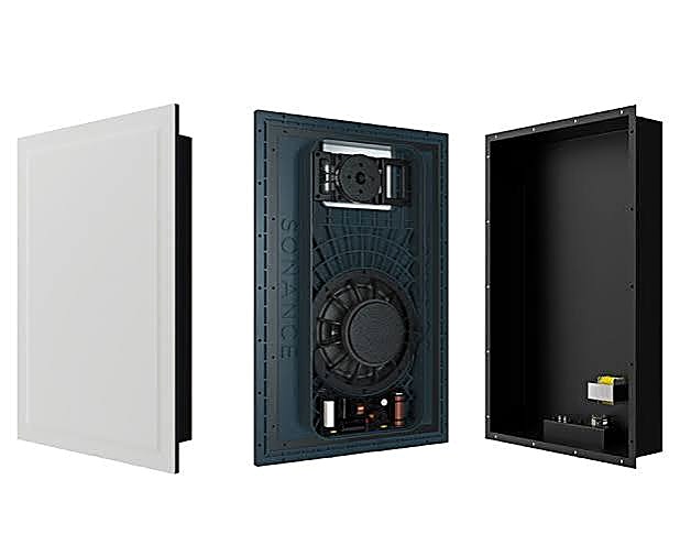 Sonance in-wall architectural speaker, exploded view showing grille, driver and back box
