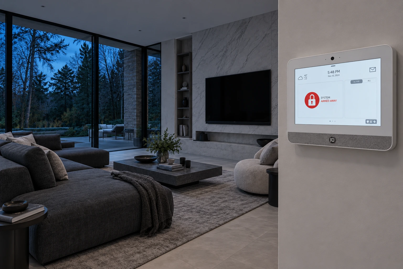 Goodbye scene concept with lights and television off and an IQ Panel 5 showing Armed Away