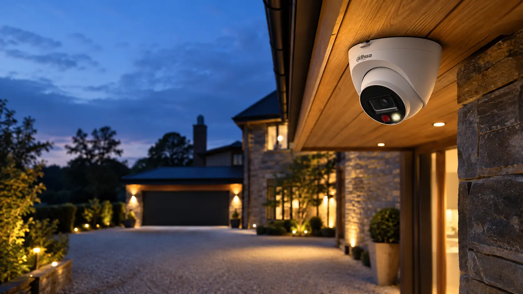 Dahua Smart Dual Light turret camera mounted beneath the timber soffit